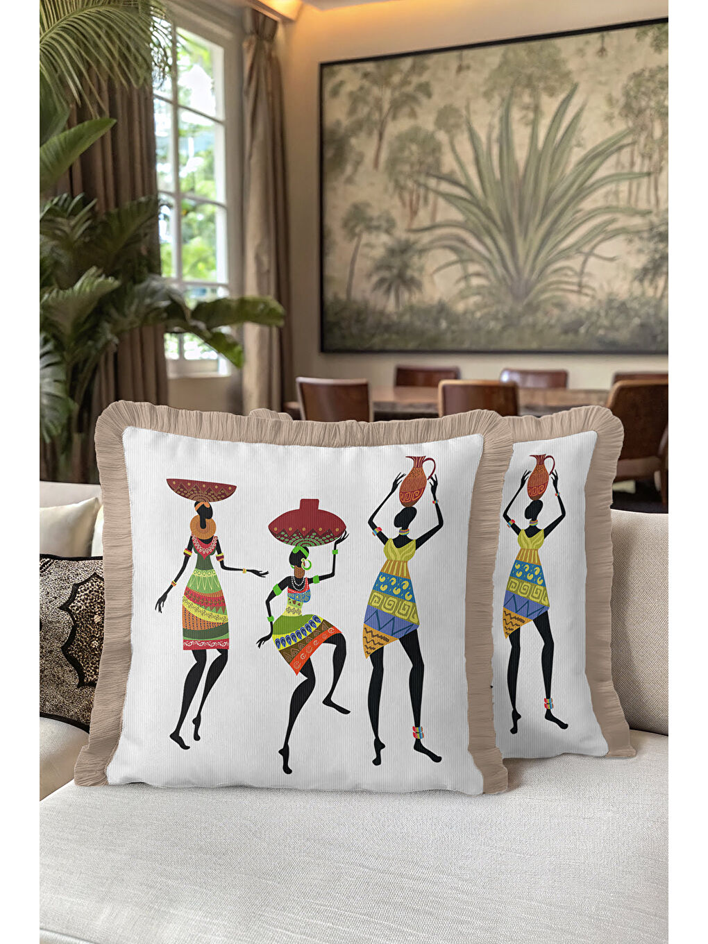 Karışık Afrika Sanatı İlhamlı Saçaklı Yastık Kılıfı - Etnik Bohem Vibe Renkli Krem Püsküllü Kırlent Kılıfı-5
