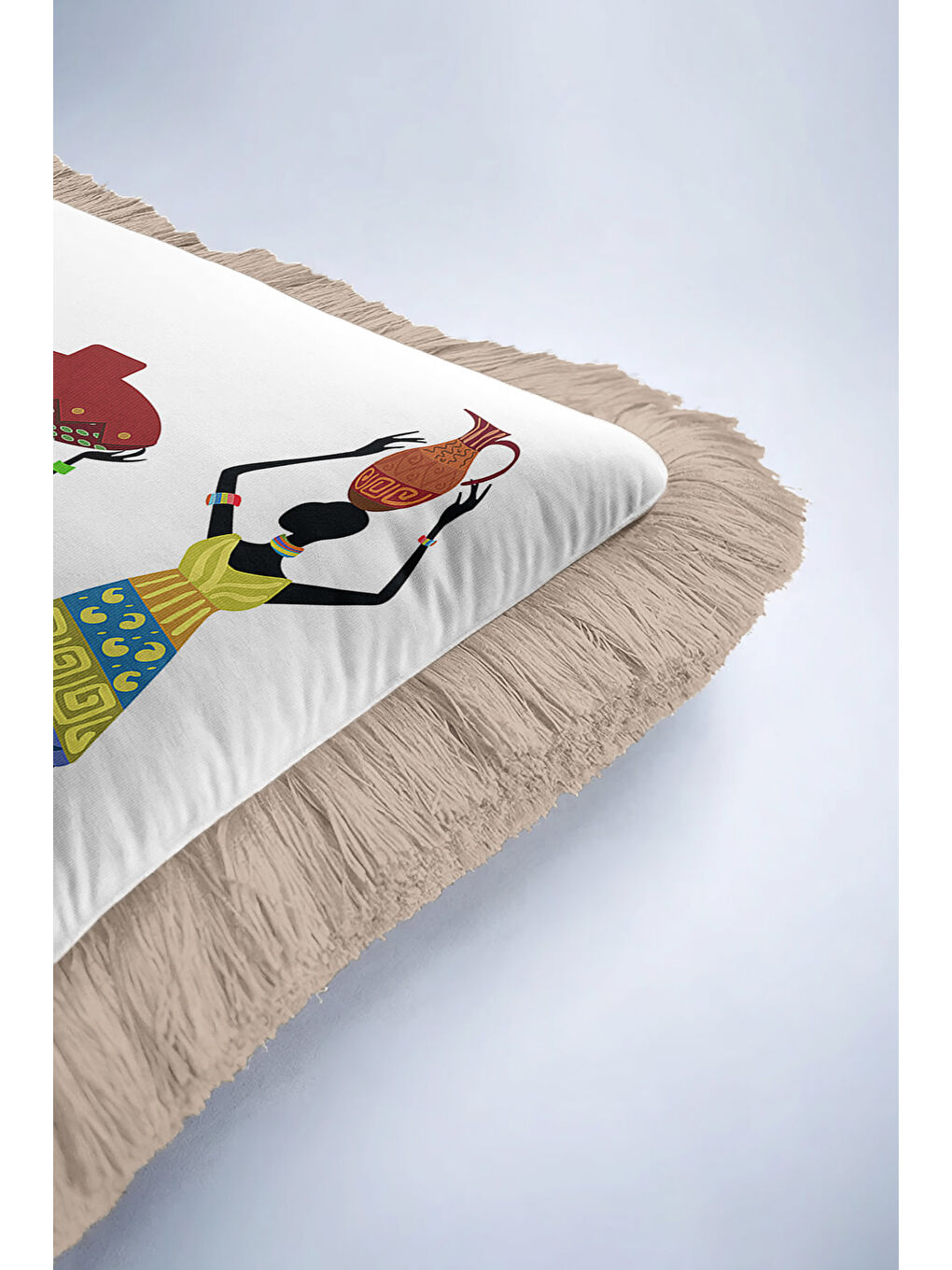 Karışık Afrika Sanatı İlhamlı Saçaklı Yastık Kılıfı - Etnik Bohem Vibe Renkli Krem Püsküllü Kırlent Kılıfı-6