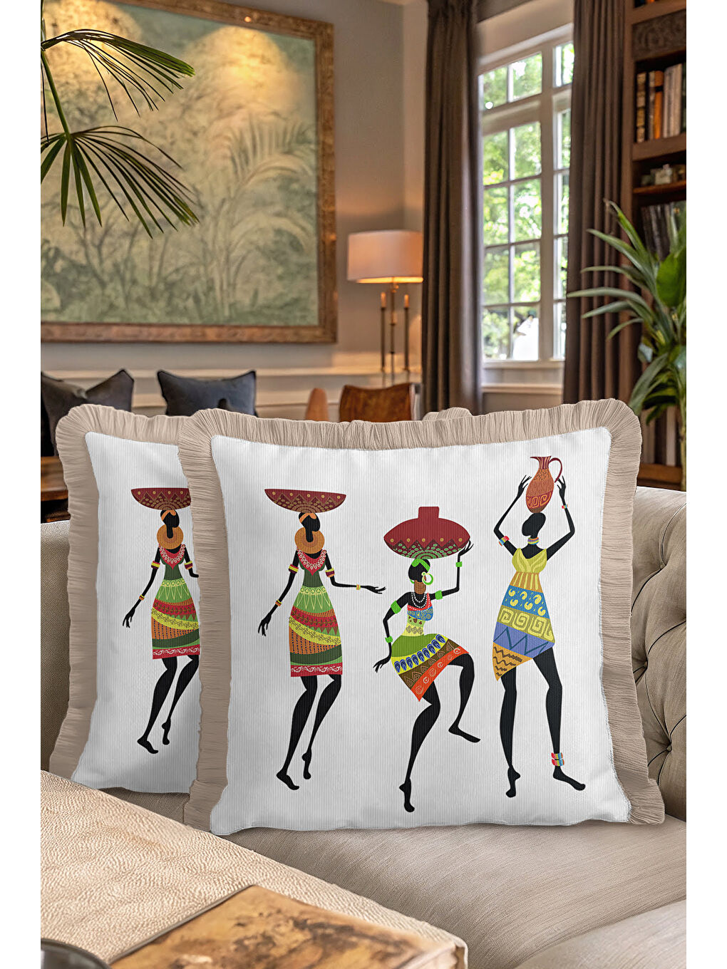 Karışık Afrika Sanatı İlhamlı Saçaklı Yastık Kılıfı - Etnik Bohem Vibe Renkli Krem Püsküllü Kırlent Kılıfı-7