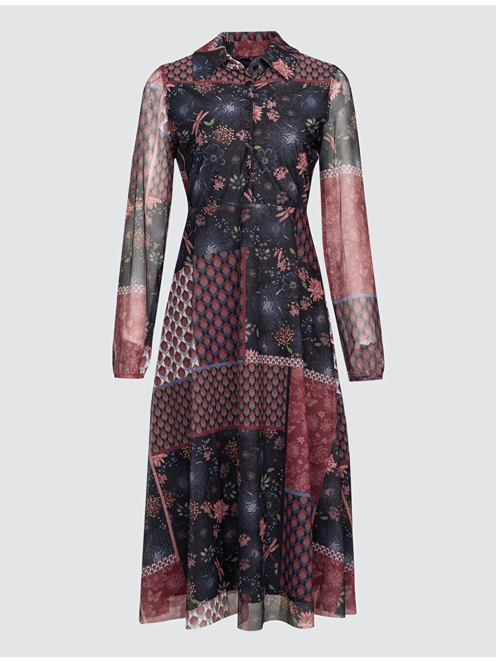 Bordo Desenli Gömlek Yaka Örme Mesh Midi Elbise-5
