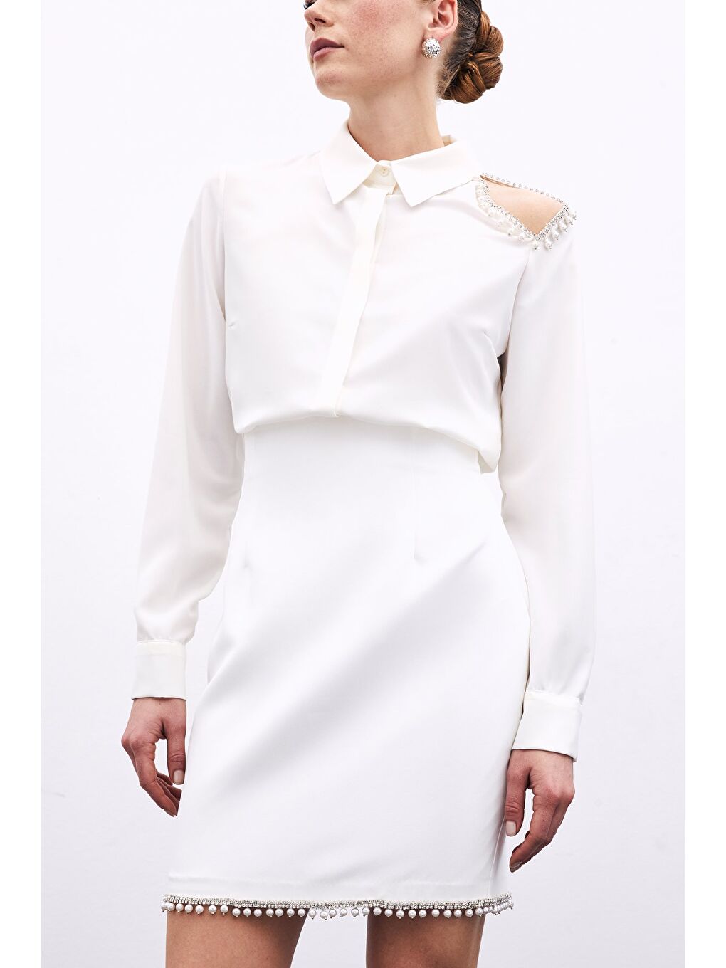 Tek Omuz Detaylı Gömlek - Ekru-5