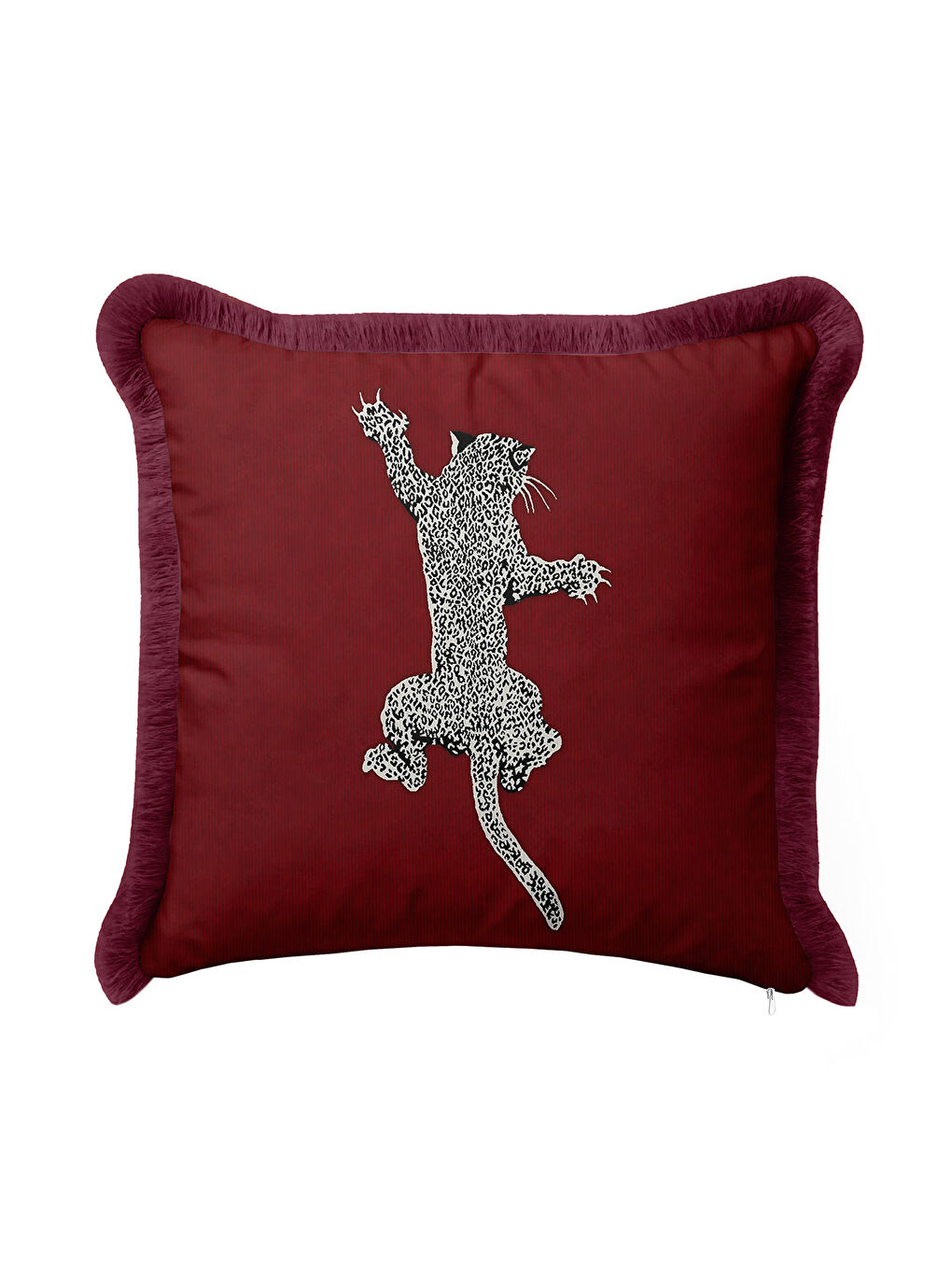 Karışık Leopar Figürlü Saçaklı Yastık Kılıfı - Egzotik Lüks Bohem Bordo Püsküllü Kırlent Kılıfı-1