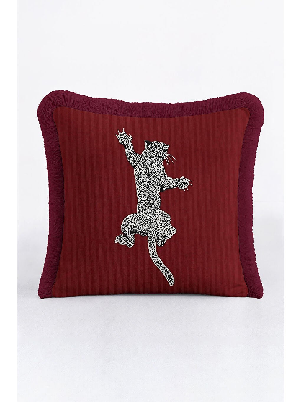 Karışık Leopar Figürlü Saçaklı Yastık Kılıfı - Egzotik Lüks Bohem Bordo Püsküllü Kırlent Kılıfı-2