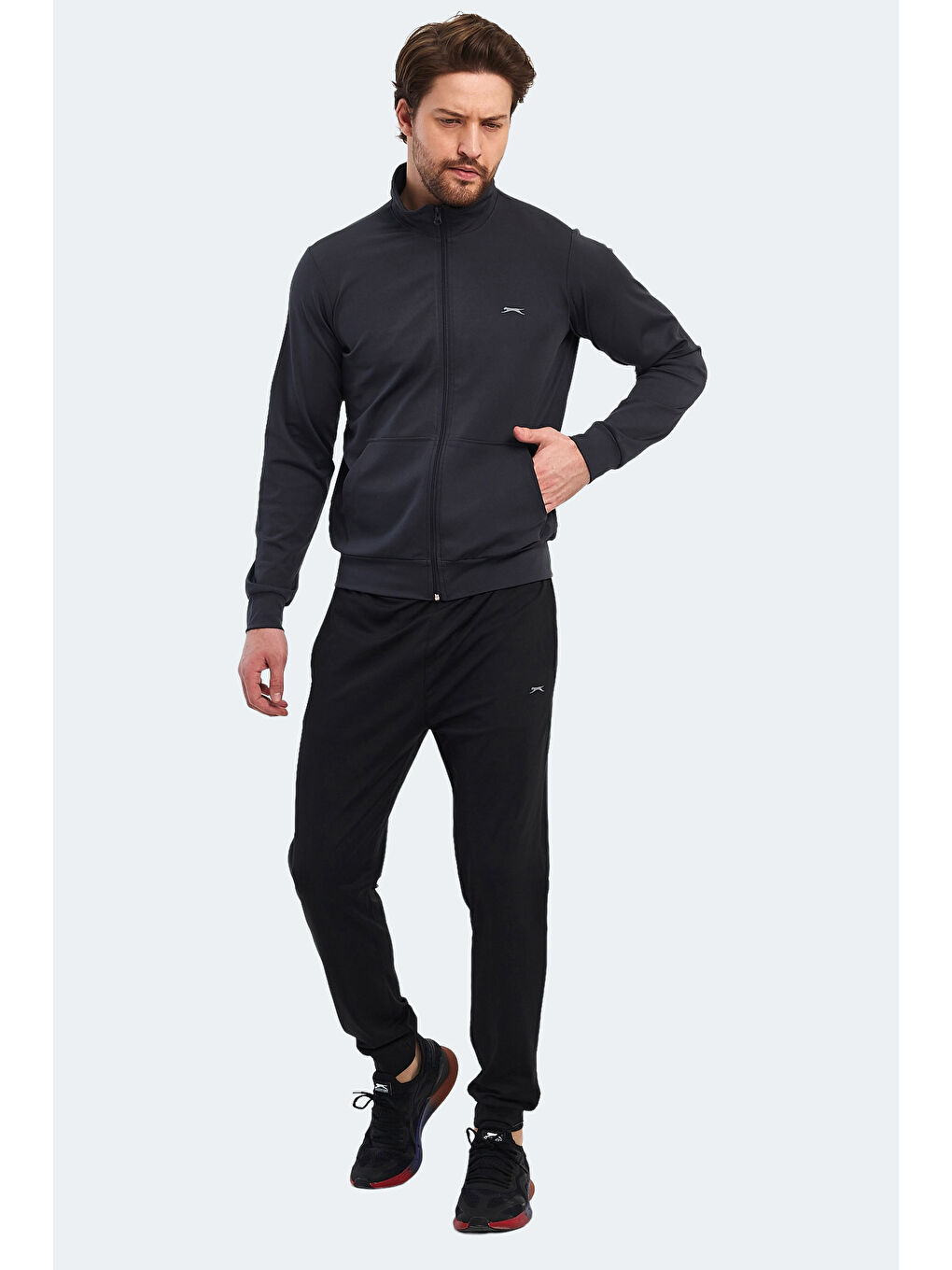 Gri Fermuarlı Uzun Kollu Erkek Eşofman Takımı-5