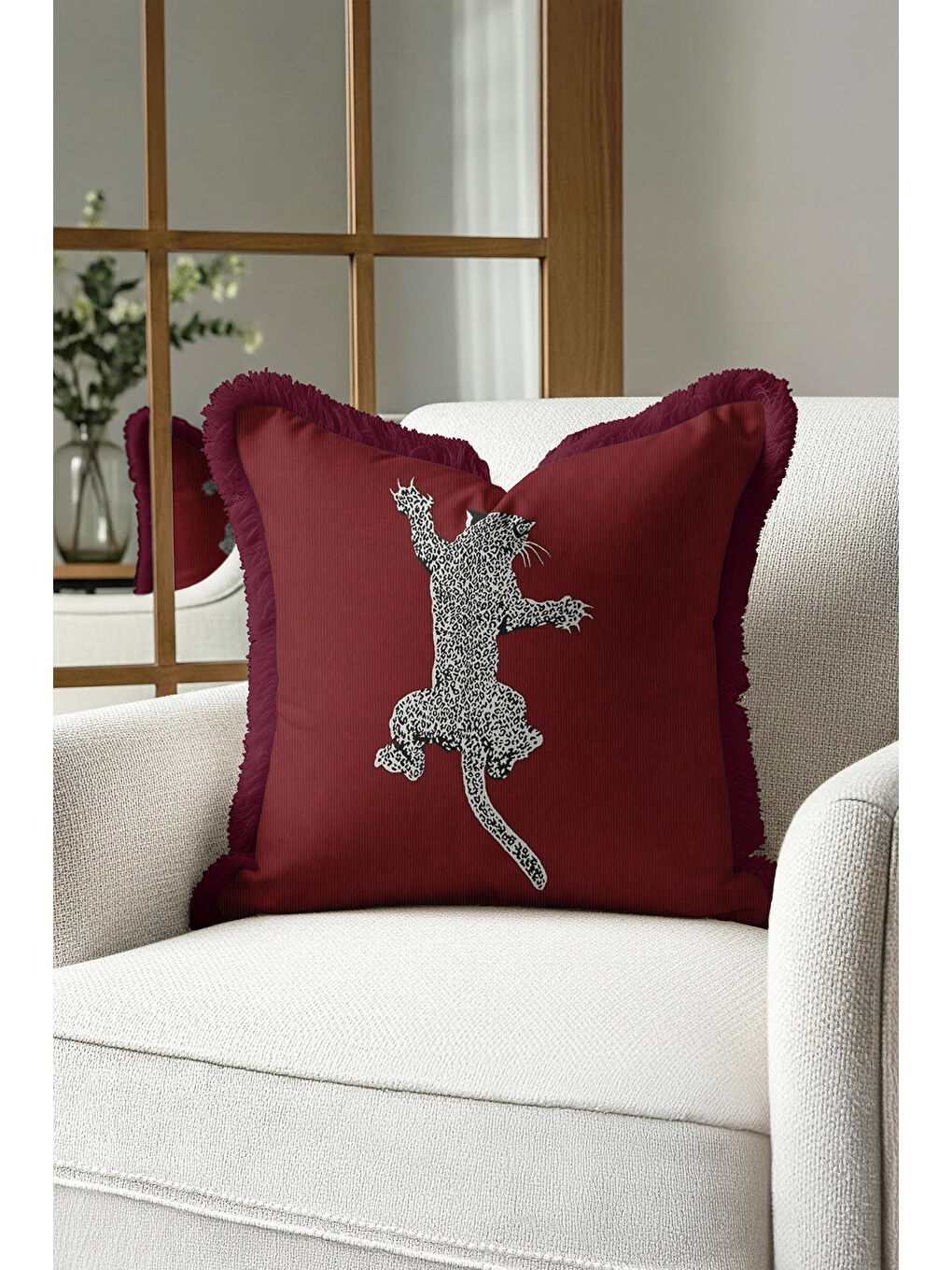 Karışık Leopar Figürlü Saçaklı Yastık Kılıfı - Egzotik Lüks Bohem Bordo Püsküllü Kırlent Kılıfı-3