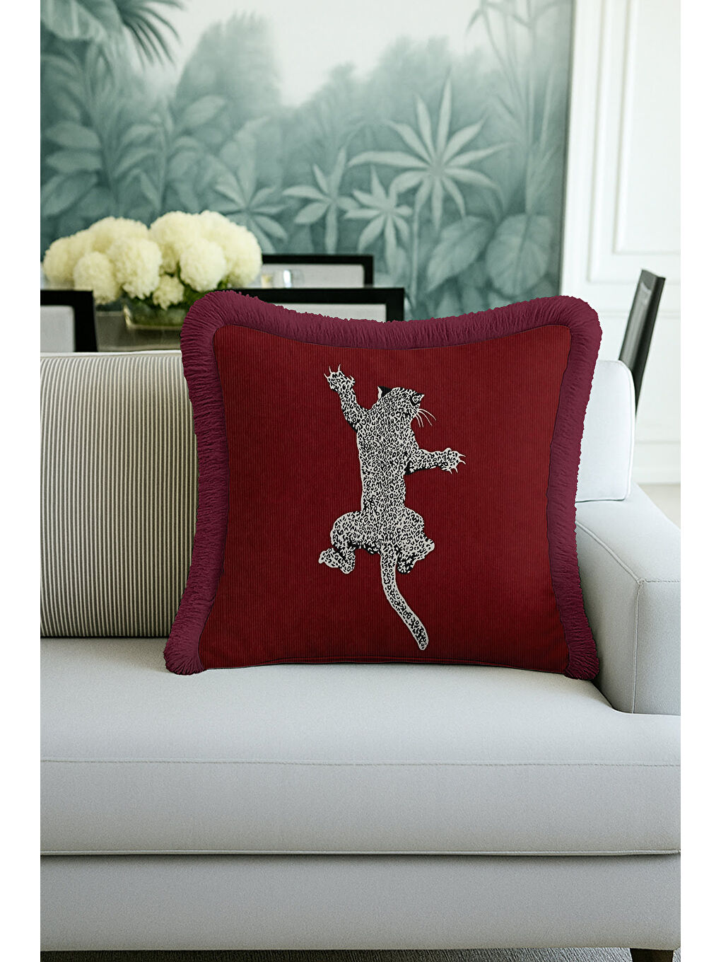 Karışık Leopar Figürlü Saçaklı Yastık Kılıfı - Egzotik Lüks Bohem Bordo Püsküllü Kırlent Kılıfı-4