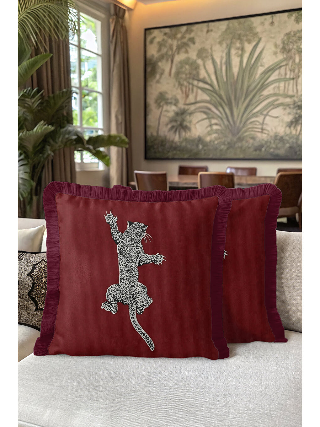 Karışık Leopar Figürlü Saçaklı Yastık Kılıfı - Egzotik Lüks Bohem Bordo Püsküllü Kırlent Kılıfı-5