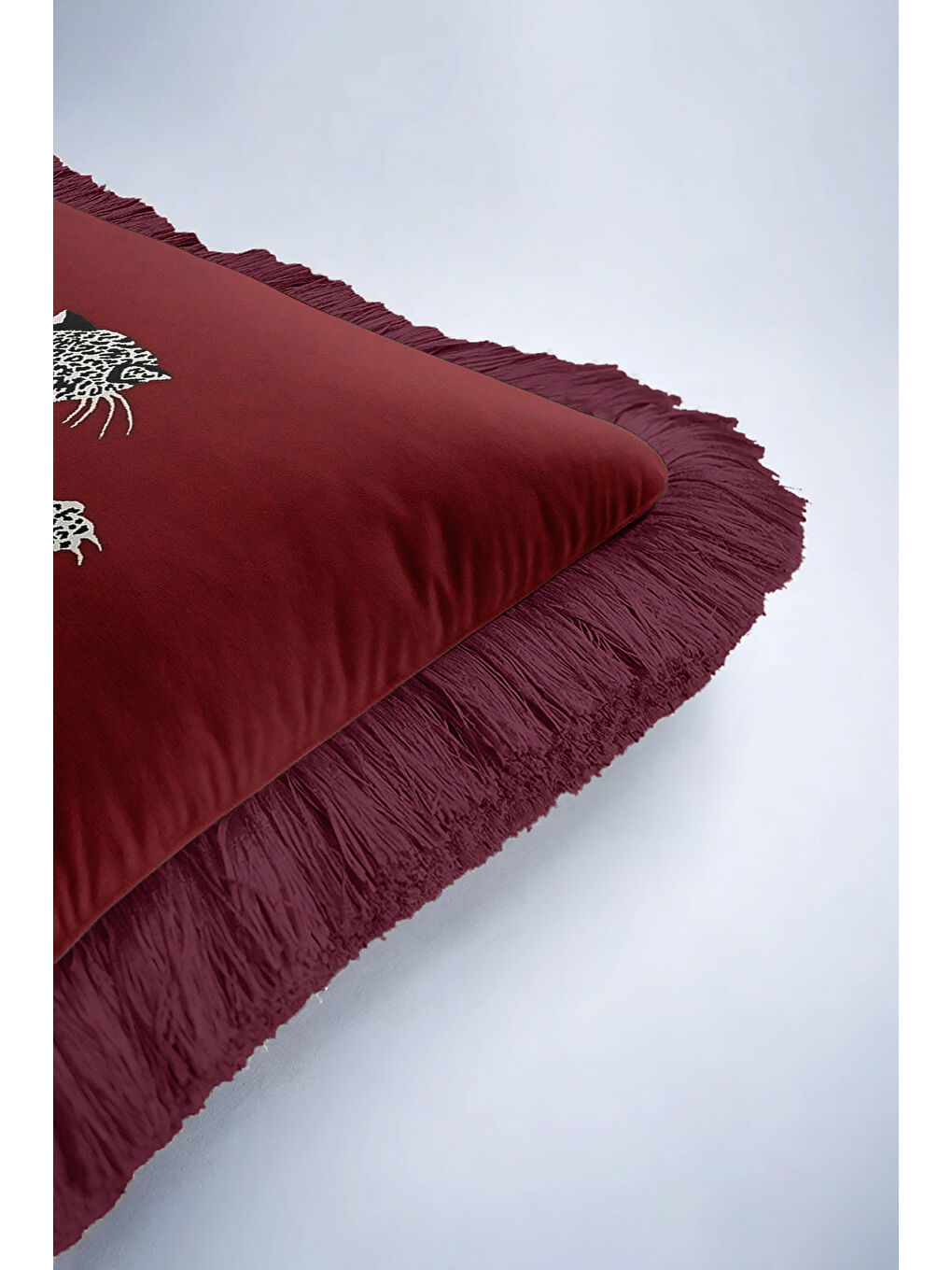 Karışık Leopar Figürlü Saçaklı Yastık Kılıfı - Egzotik Lüks Bohem Bordo Püsküllü Kırlent Kılıfı-6