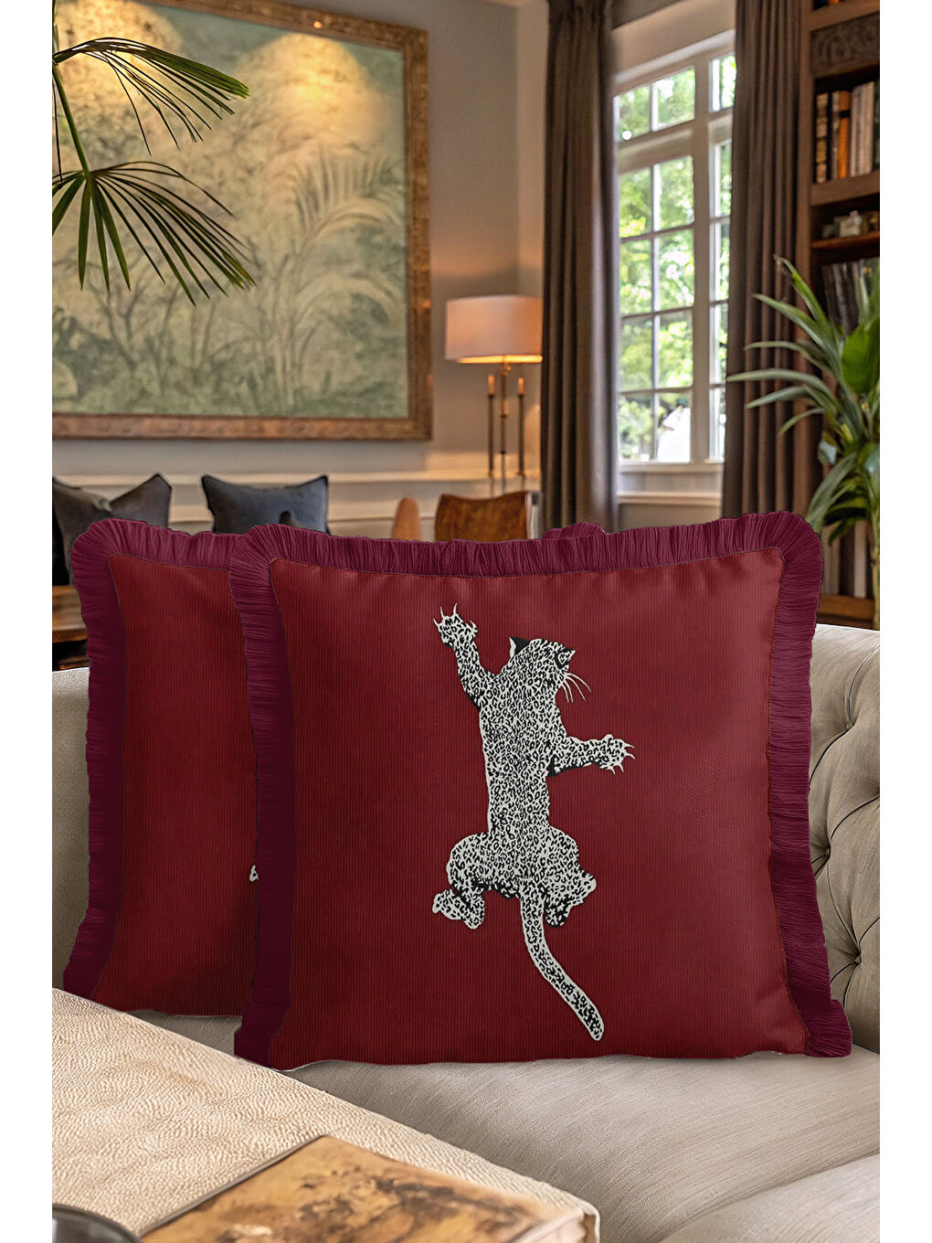 Karışık Leopar Figürlü Saçaklı Yastık Kılıfı - Egzotik Lüks Bohem Bordo Püsküllü Kırlent Kılıfı-7