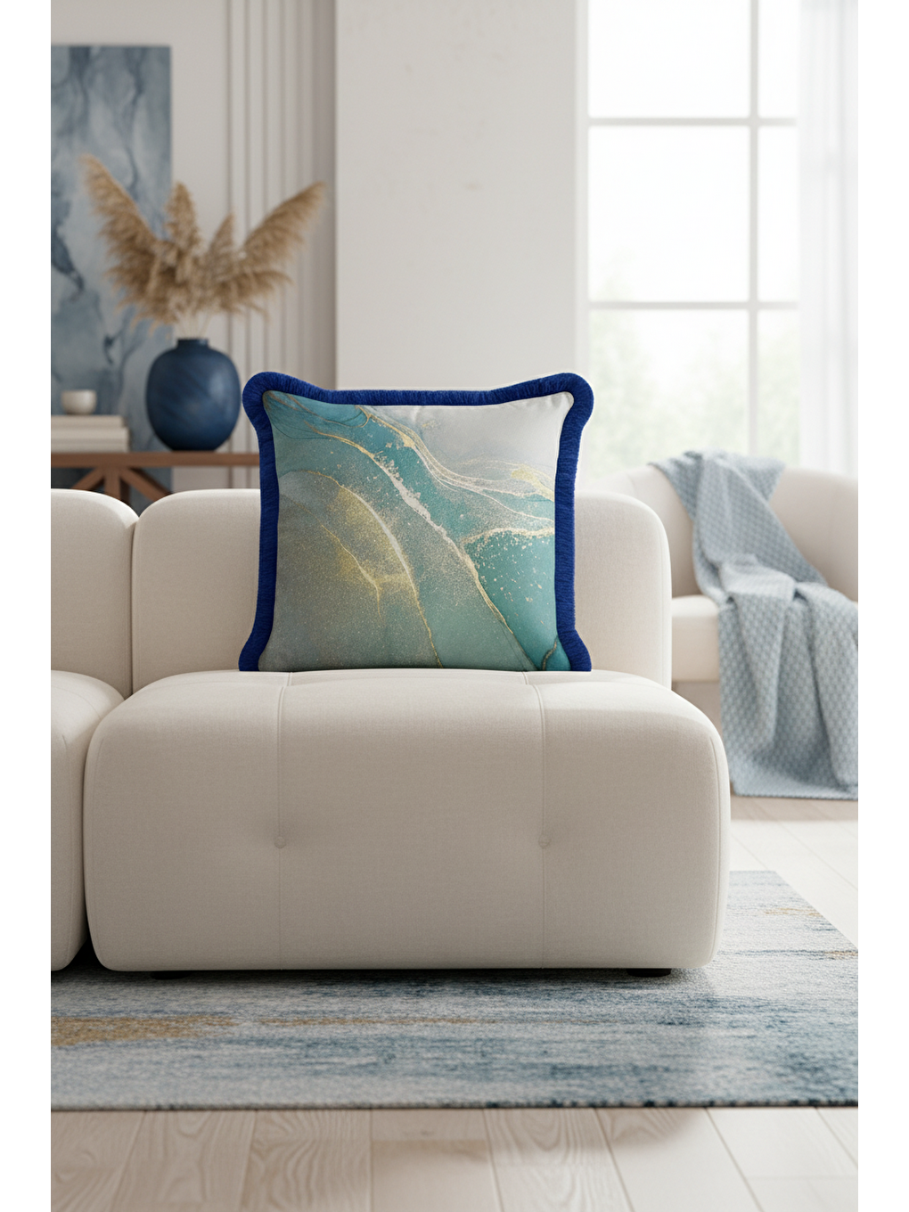 Karışık Lüks Mermer Efektli Saçaklı Yastık Kılıfı - Akışkan Modern Mavi Altın Renkli Püsküllü Kırlent Kılıfı