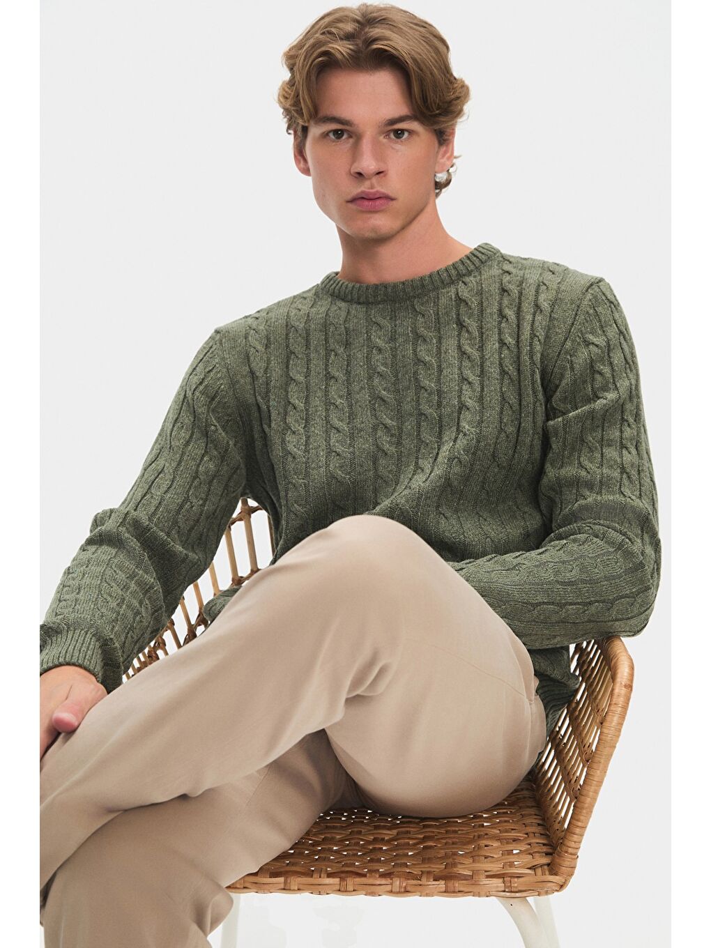 Yeşil Erkek Regular Fit Örgü Detaylı Bisiklet Yaka Triko Kazak-4