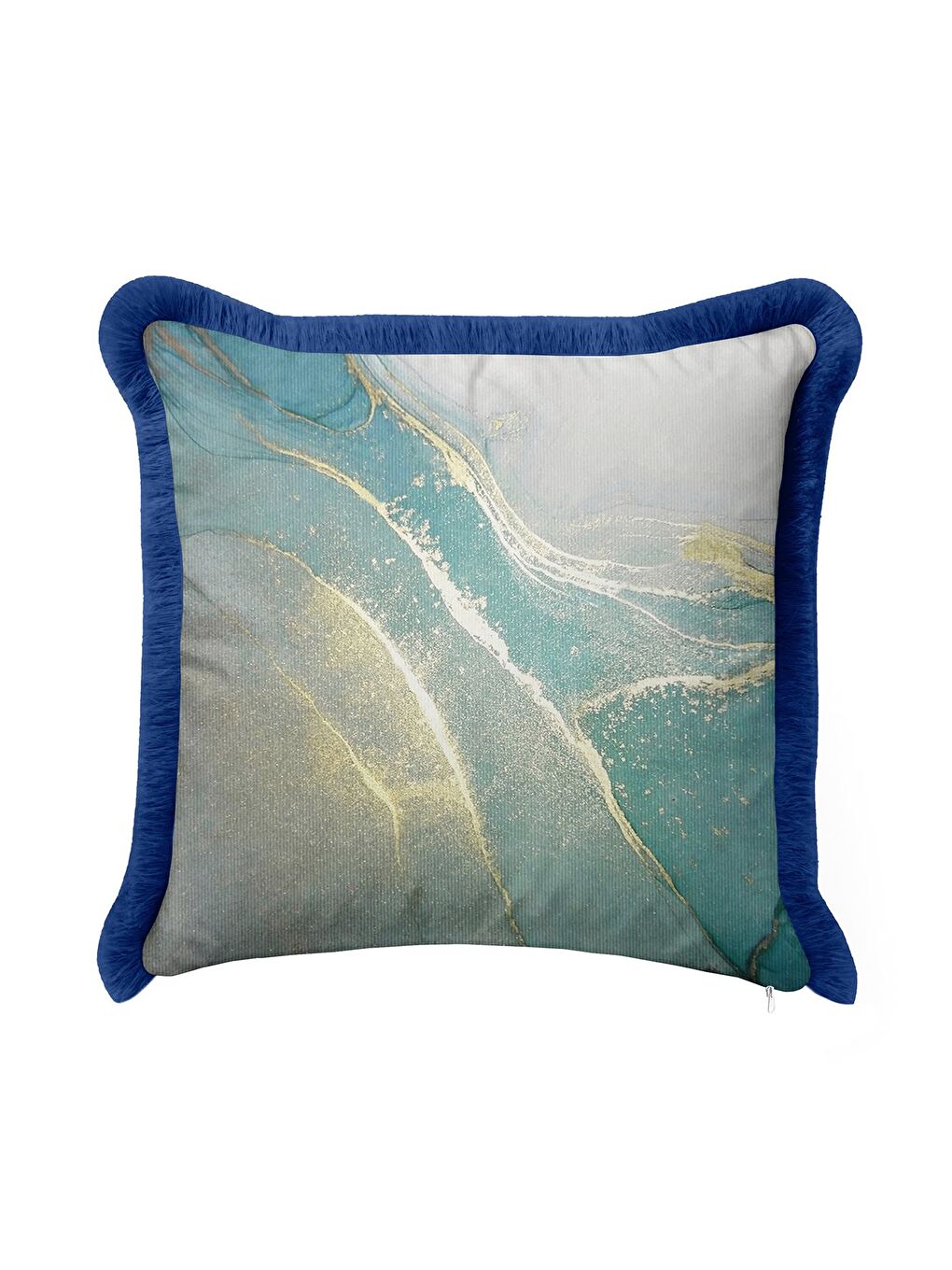 Karışık Lüks Mermer Efektli Saçaklı Yastık Kılıfı - Akışkan Modern Mavi Altın Renkli Püsküllü Kırlent Kılıfı-1