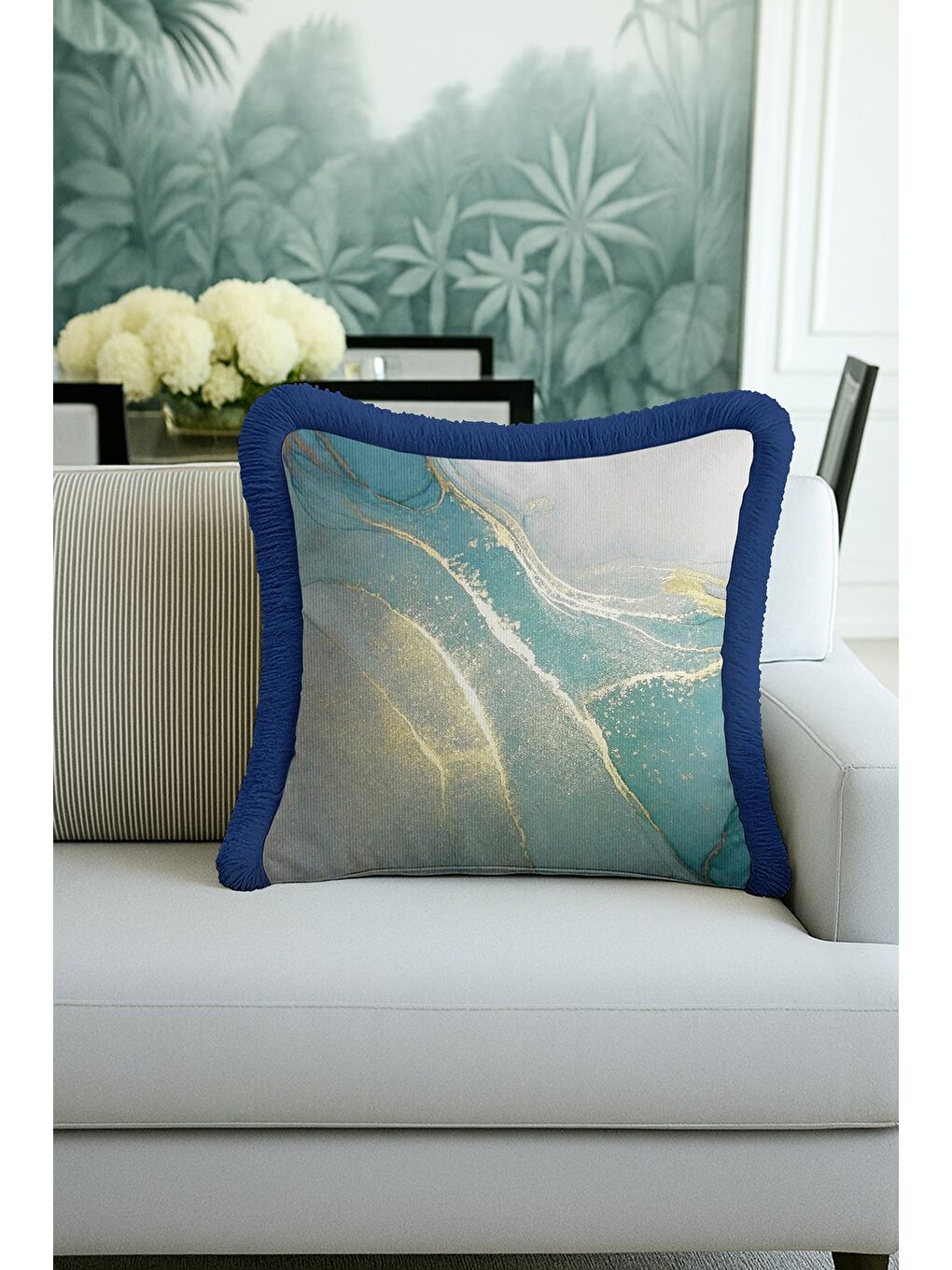 Karışık Lüks Mermer Efektli Saçaklı Yastık Kılıfı - Akışkan Modern Mavi Altın Renkli Püsküllü Kırlent Kılıfı-2