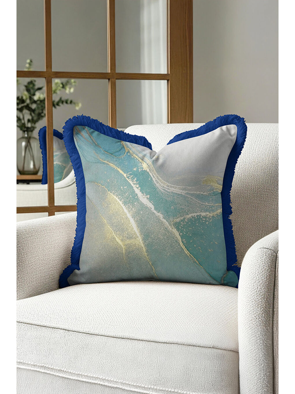 Karışık Lüks Mermer Efektli Saçaklı Yastık Kılıfı - Akışkan Modern Mavi Altın Renkli Püsküllü Kırlent Kılıfı-3