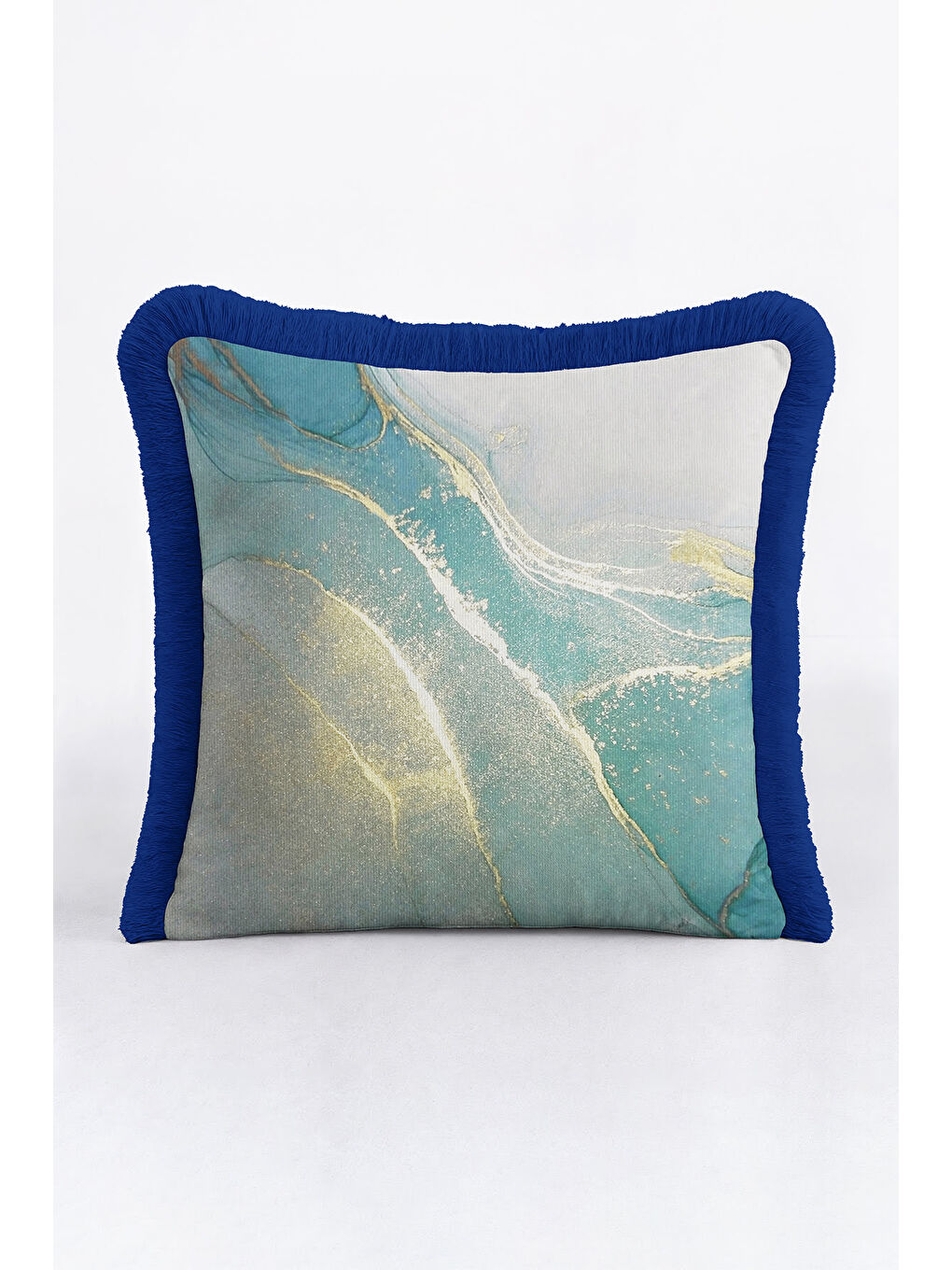 Karışık Lüks Mermer Efektli Saçaklı Yastık Kılıfı - Akışkan Modern Mavi Altın Renkli Püsküllü Kırlent Kılıfı-4