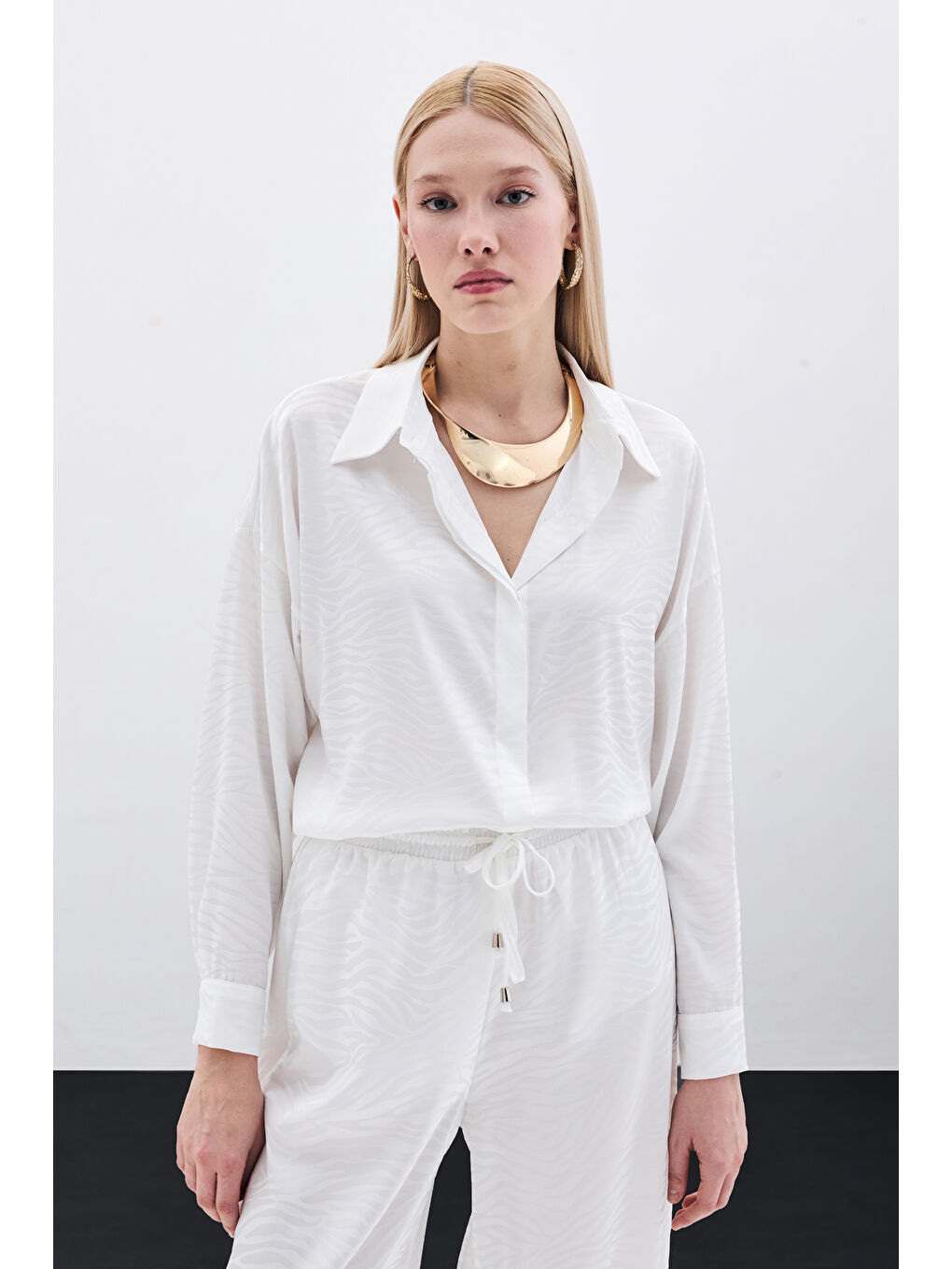 Zebra Desenli Salaş Gömlek - Ekru-3