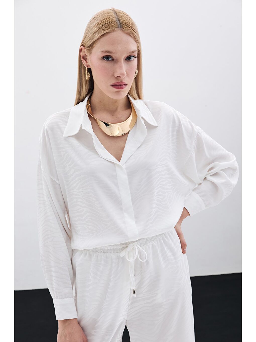 Zebra Desenli Salaş Gömlek - Ekru-4