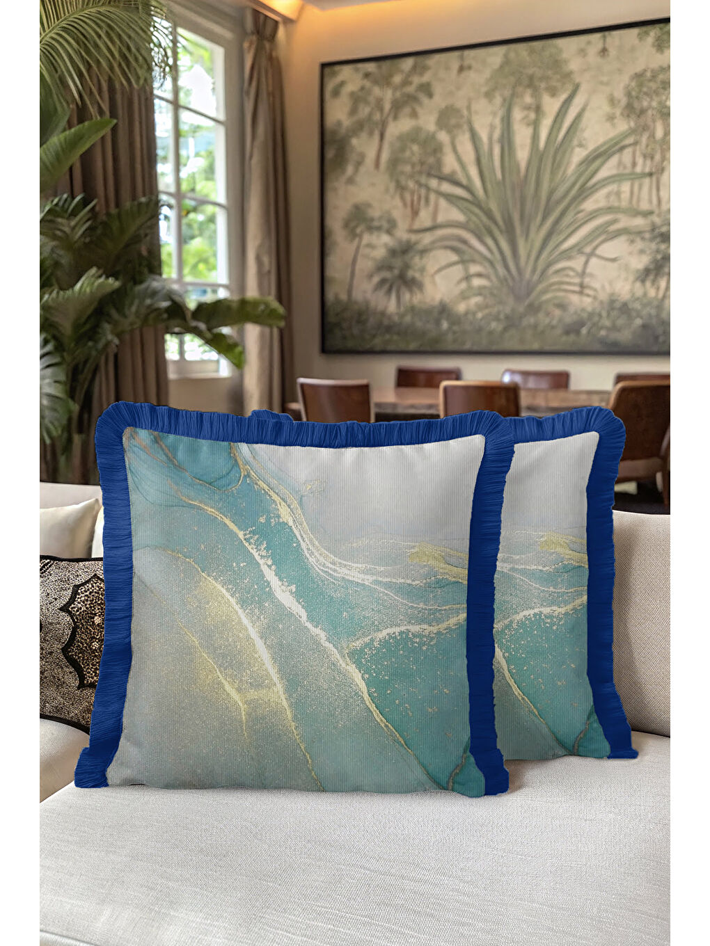 Karışık Lüks Mermer Efektli Saçaklı Yastık Kılıfı - Akışkan Modern Mavi Altın Renkli Püsküllü Kırlent Kılıfı-5