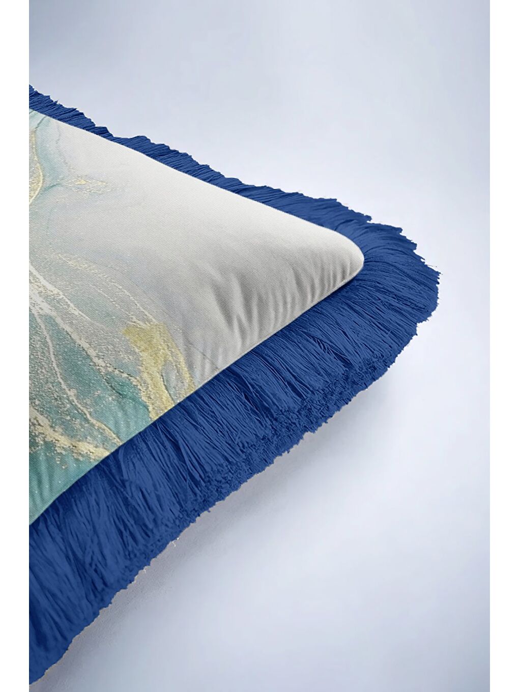 Karışık Lüks Mermer Efektli Saçaklı Yastık Kılıfı - Akışkan Modern Mavi Altın Renkli Püsküllü Kırlent Kılıfı-6