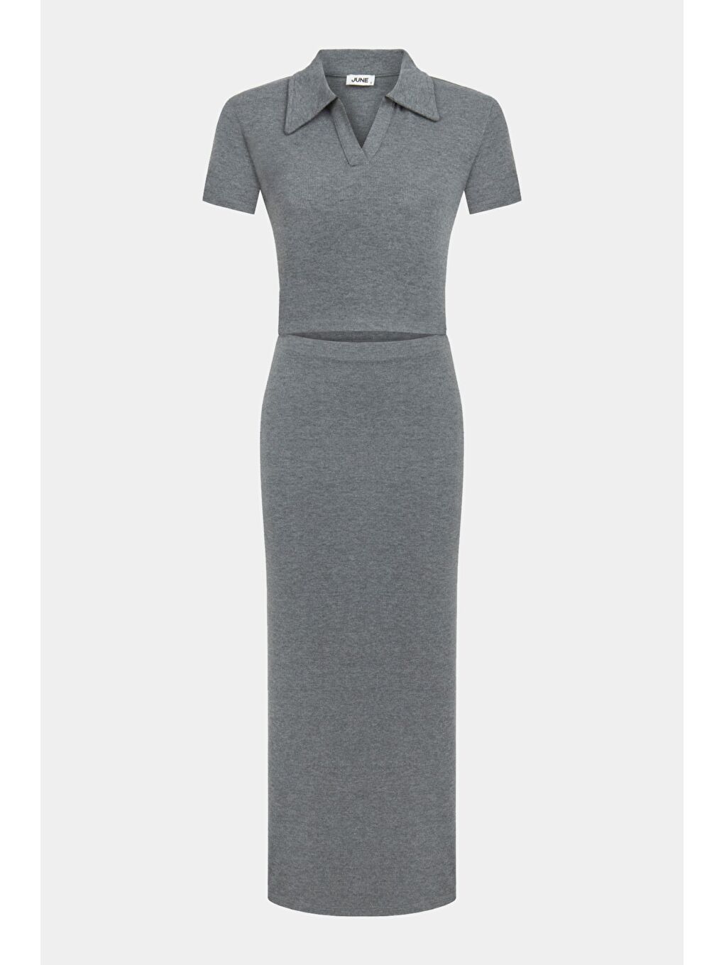 Gri Kadın Polo Yaka Tişört Maxi Etek Takım