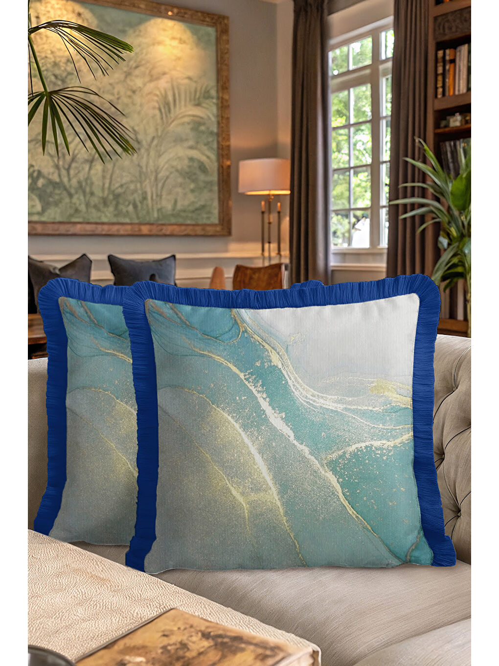 Karışık Lüks Mermer Efektli Saçaklı Yastık Kılıfı - Akışkan Modern Mavi Altın Renkli Püsküllü Kırlent Kılıfı-7