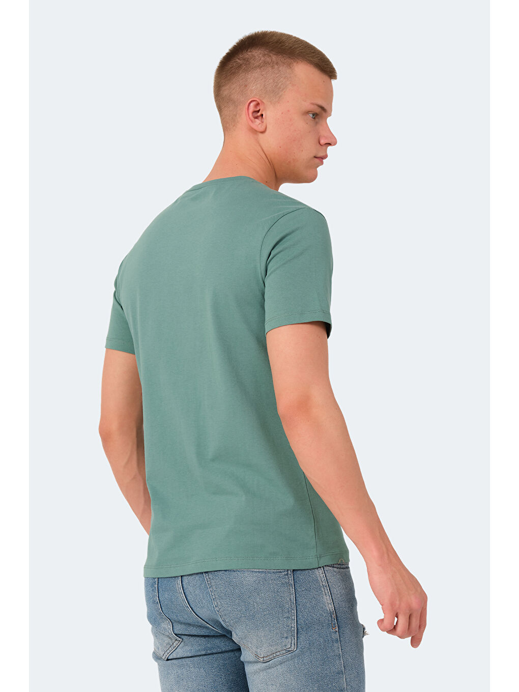 Turkuaz Bisiklet Yaka Kısa Kollu Cep Detaylı Erkek %100 Pamuk Tişört-1