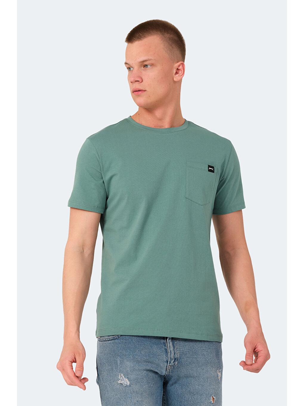 Turkuaz Bisiklet Yaka Kısa Kollu Cep Detaylı Erkek %100 Pamuk Tişört-2