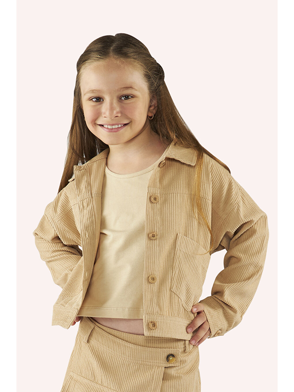 Kız Çocuk Düğmeli Bej Ceket-1