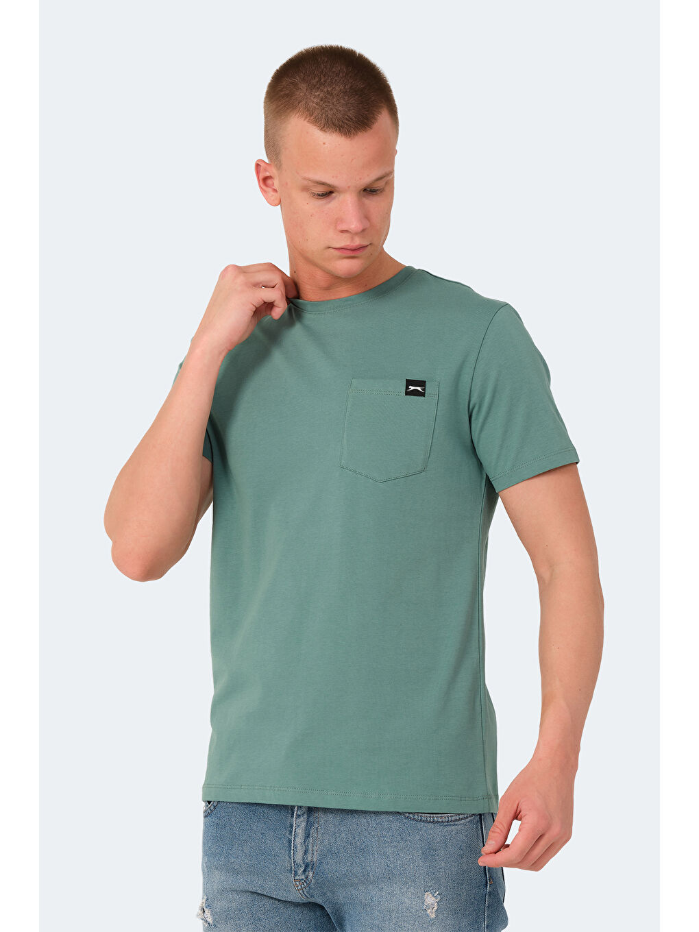 Turkuaz Bisiklet Yaka Kısa Kollu Cep Detaylı Erkek %100 Pamuk Tişört-4