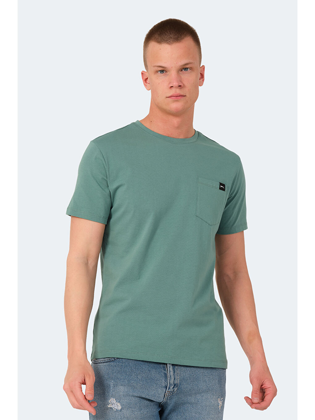 Turkuaz Bisiklet Yaka Kısa Kollu Cep Detaylı Erkek %100 Pamuk Tişört-5