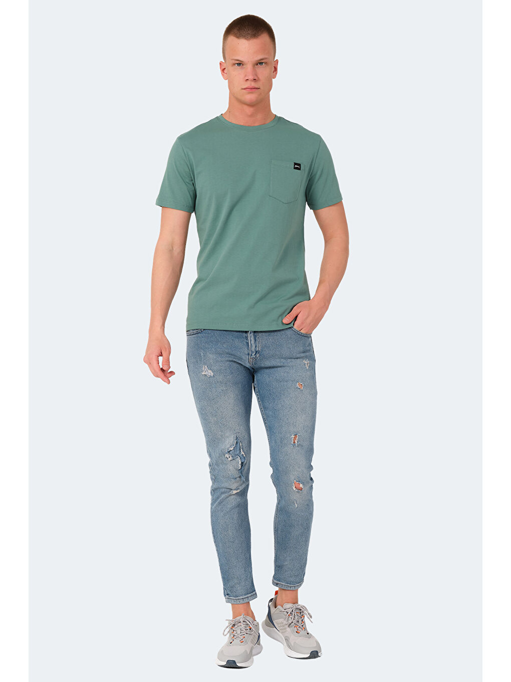 Turkuaz Bisiklet Yaka Kısa Kollu Cep Detaylı Erkek %100 Pamuk Tişört-6