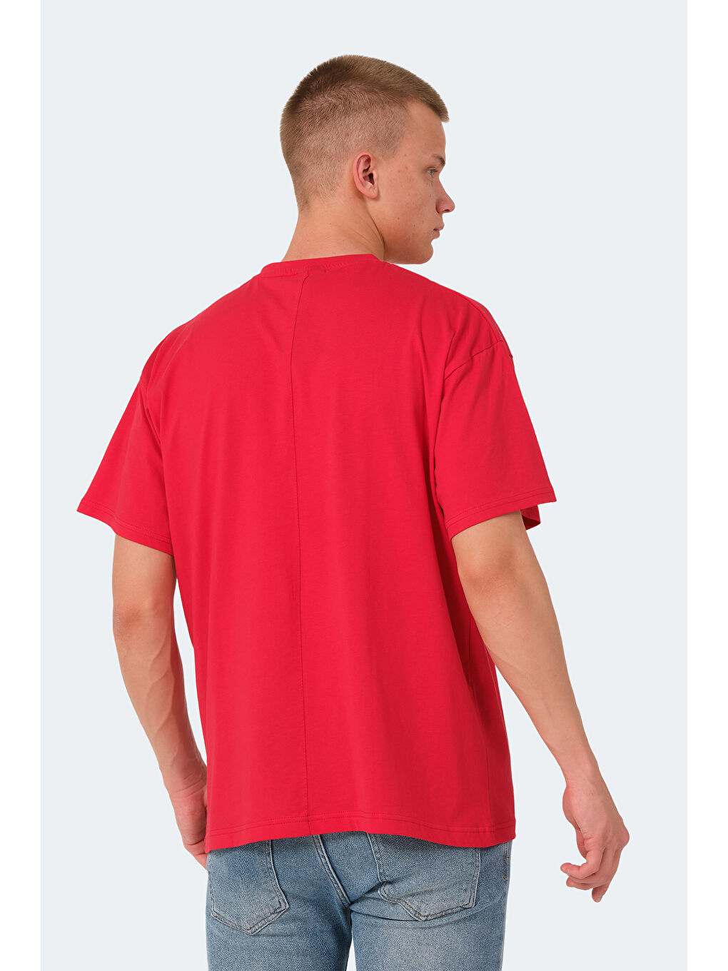 Kırmızı Bisiklet Yaka Kısa Kollu Oversize Erkek Tişört-1