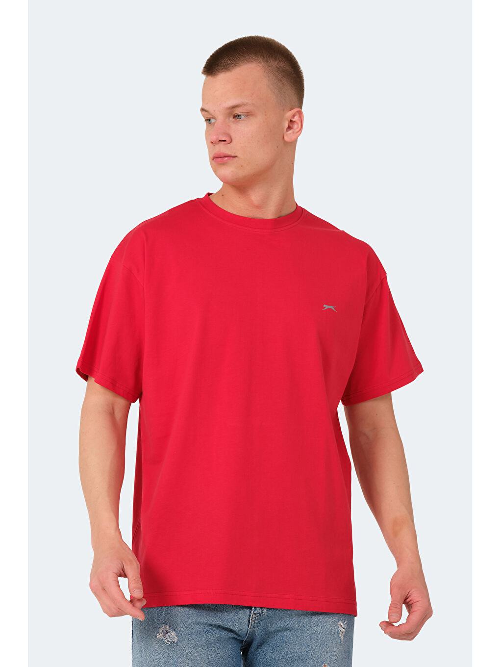 Kırmızı Bisiklet Yaka Kısa Kollu Oversize Erkek Tişört-2