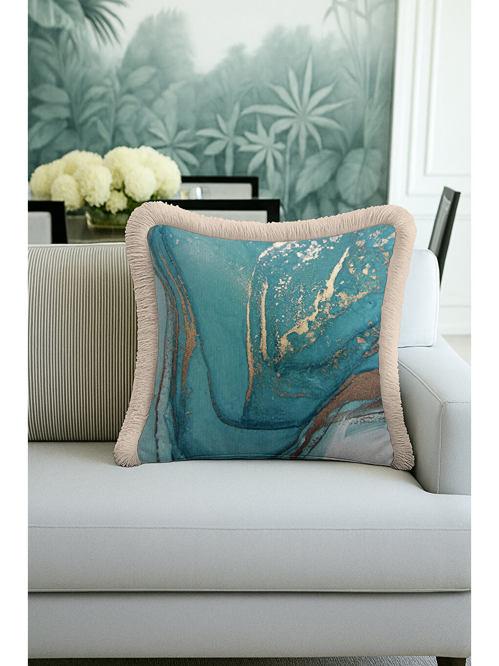 Karışık Mermer Efektli Lüks Saçaklı Yastık Kılıfı - Modern Turkuaz Altın Renkli Püsküllü Kırlent Kılıfı-1