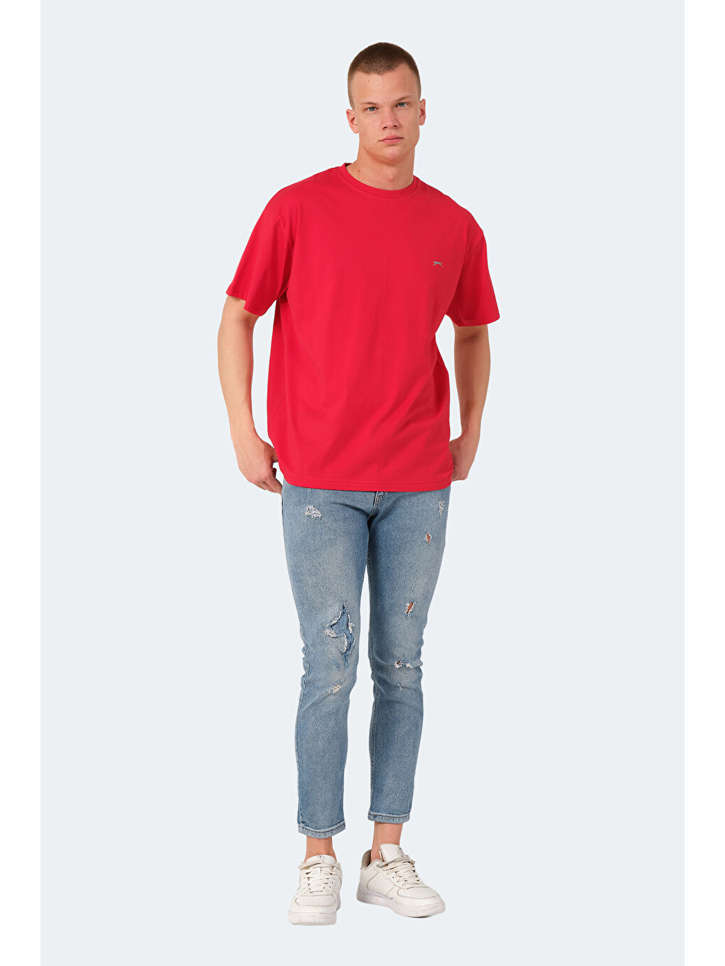 Kırmızı Bisiklet Yaka Kısa Kollu Oversize Erkek Tişört-5