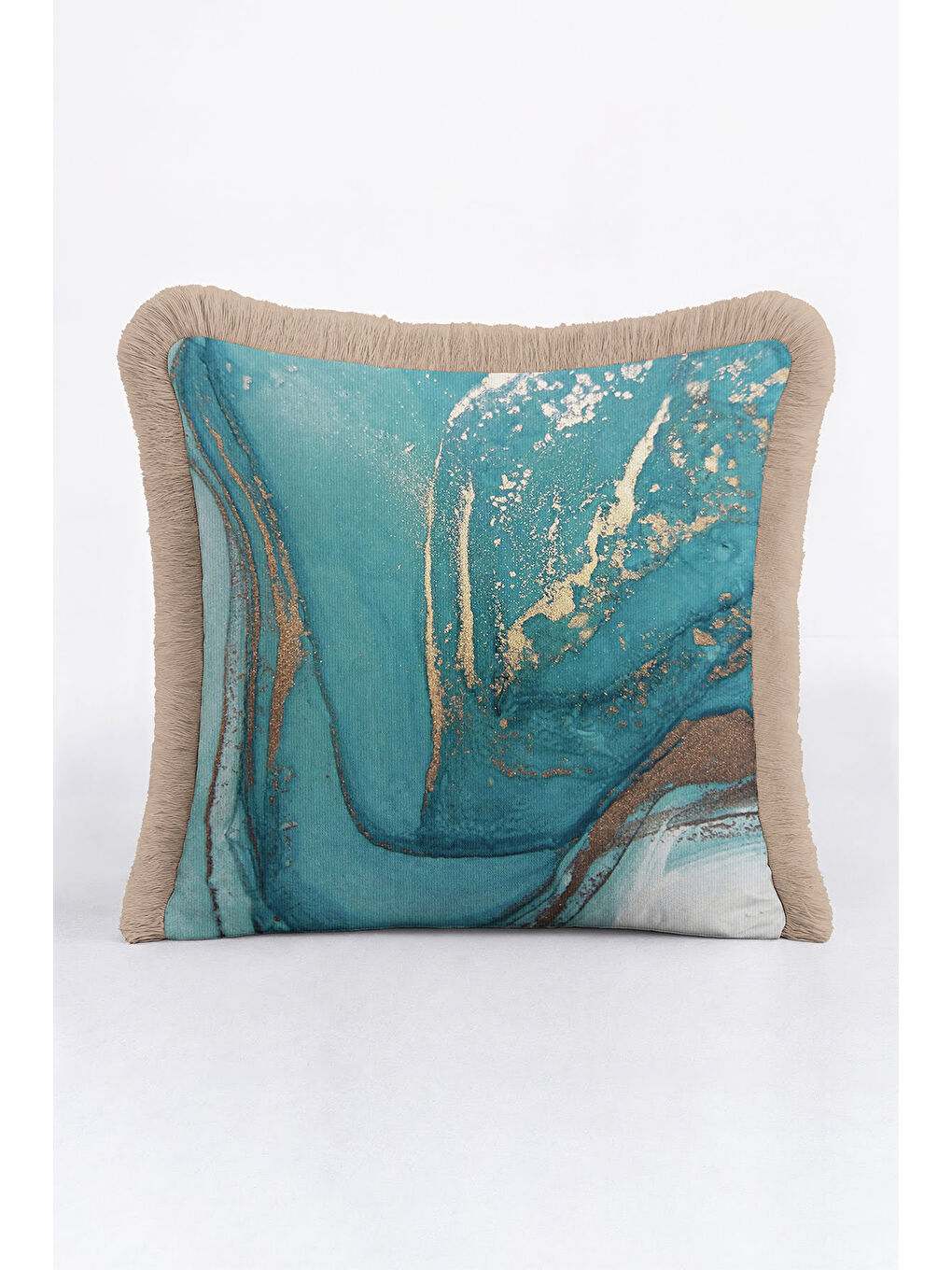Karışık Mermer Efektli Lüks Saçaklı Yastık Kılıfı - Modern Turkuaz Altın Renkli Püsküllü Kırlent Kılıfı-2