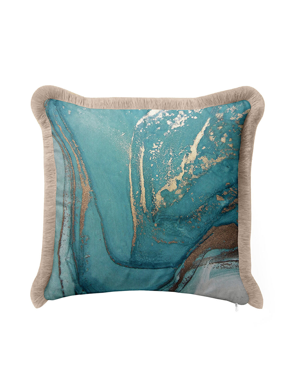 Karışık Mermer Efektli Lüks Saçaklı Yastık Kılıfı - Modern Turkuaz Altın Renkli Püsküllü Kırlent Kılıfı-3