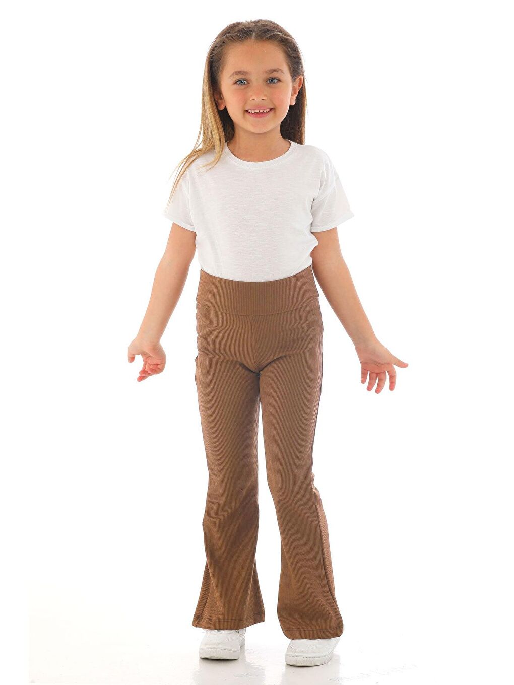 Kahverengi Yüksek Bel İspanyol Paça Fitilli Kız Çocuk Tayt-1