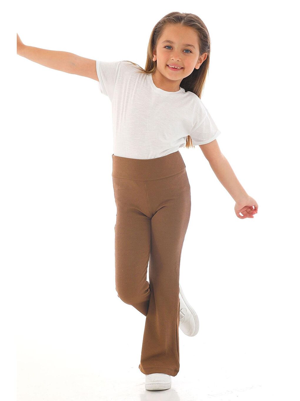 Kahverengi Yüksek Bel İspanyol Paça Fitilli Kız Çocuk Tayt-2