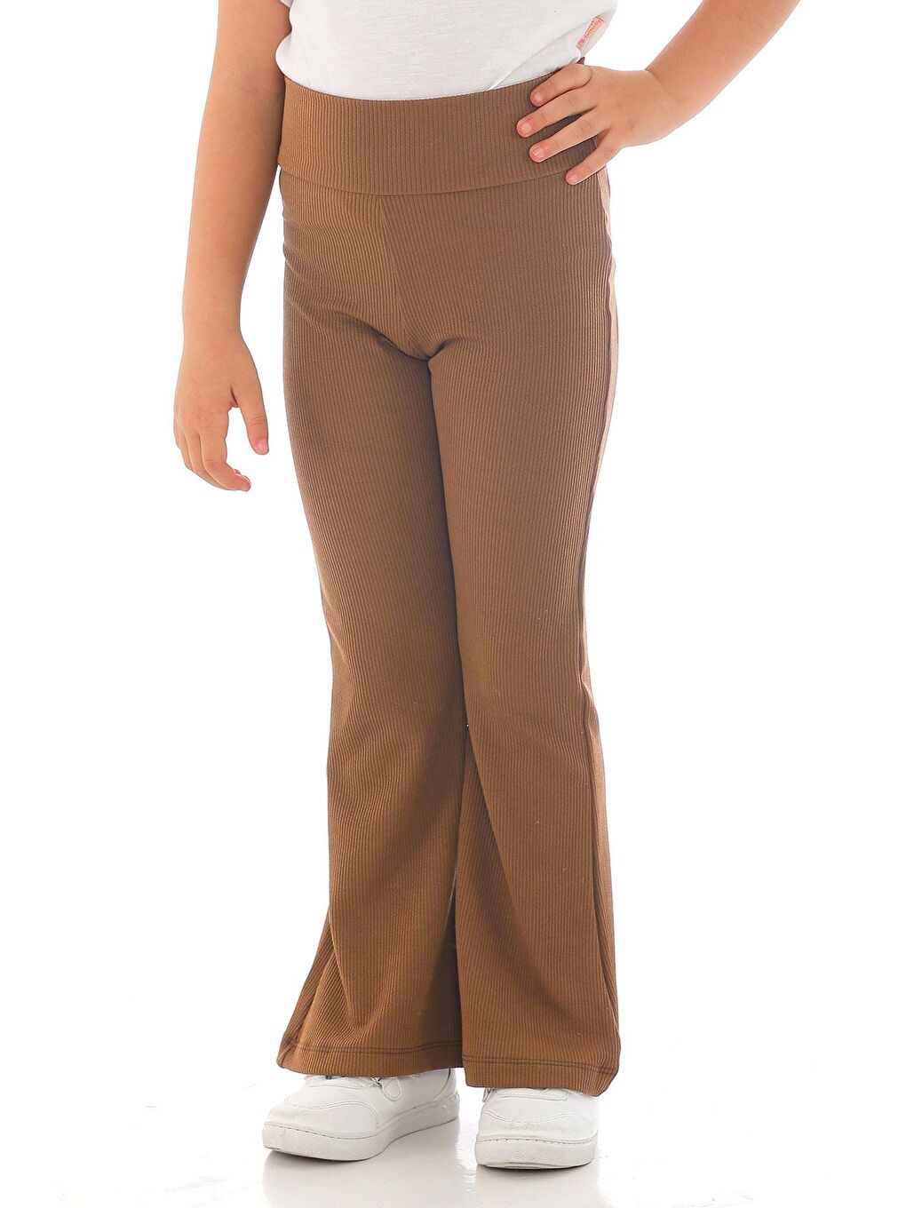 Kahverengi Yüksek Bel İspanyol Paça Fitilli Kız Çocuk Tayt-4