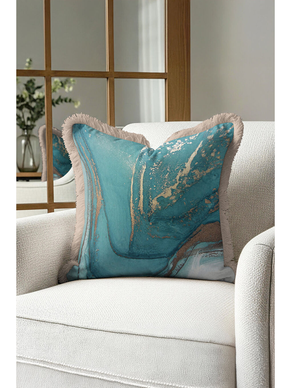 Karışık Mermer Efektli Lüks Saçaklı Yastık Kılıfı - Modern Turkuaz Altın Renkli Püsküllü Kırlent Kılıfı-4