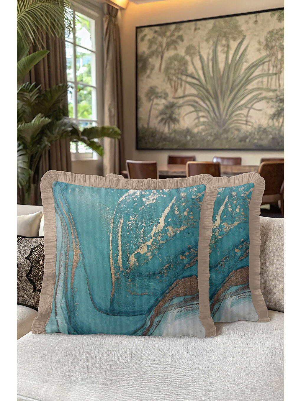 Karışık Mermer Efektli Lüks Saçaklı Yastık Kılıfı - Modern Turkuaz Altın Renkli Püsküllü Kırlent Kılıfı-5