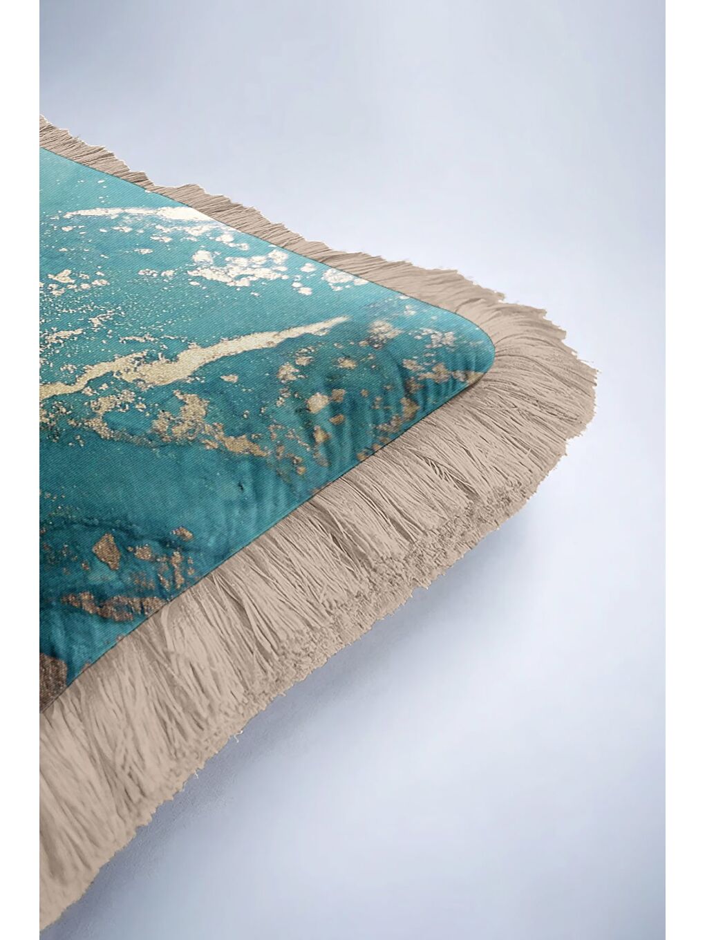 Karışık Mermer Efektli Lüks Saçaklı Yastık Kılıfı - Modern Turkuaz Altın Renkli Püsküllü Kırlent Kılıfı-6