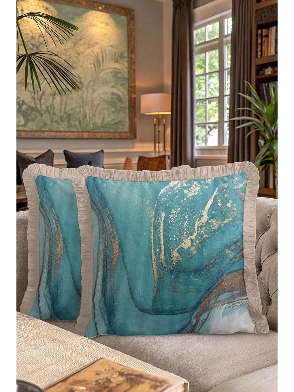 Karışık Mermer Efektli Lüks Saçaklı Yastık Kılıfı - Modern Turkuaz Altın Renkli Püsküllü Kırlent Kılıfı-7