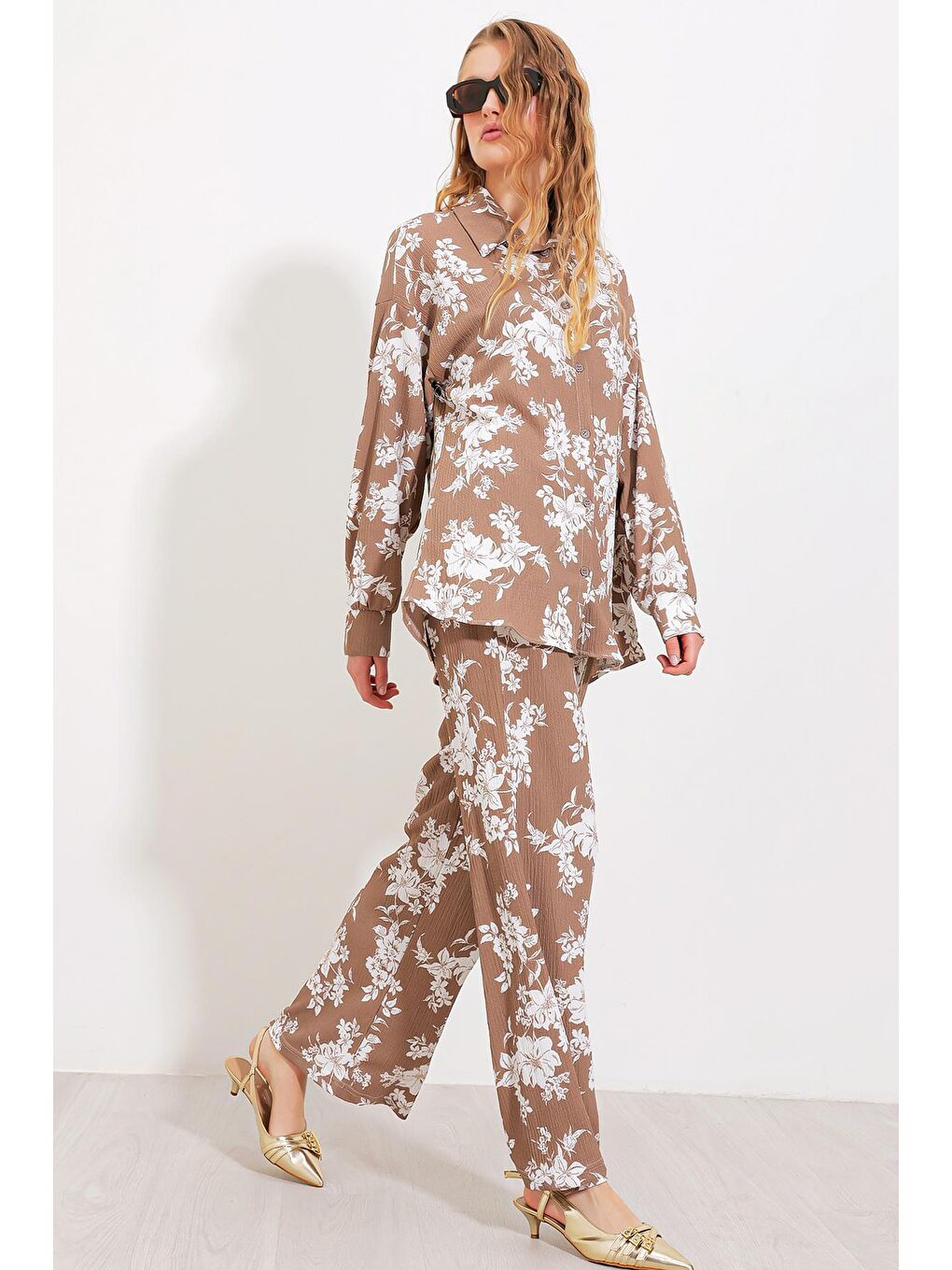 Bej Kadın Taş Ekru Desenli Örme İkili Takım 5858-2