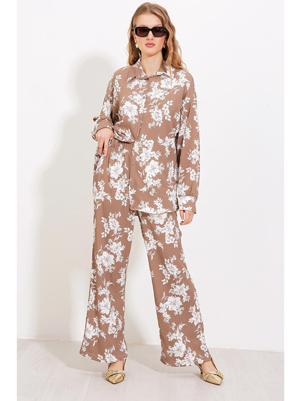 Bej Kadın Taş Ekru Desenli Örme İkili Takım 5858-3