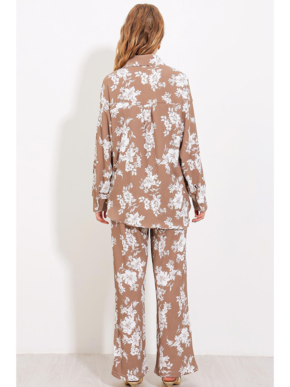 Bej Kadın Taş Ekru Desenli Örme İkili Takım 5858-5