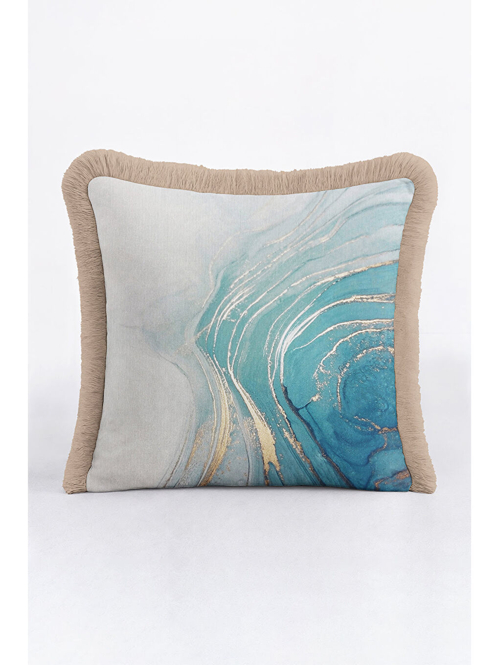 Karışık Mermer Efektli Saçaklı Yastık Kılıfı - Modern Altın Renkli Mavi Püsküllü Kırlent Kılıfı-2