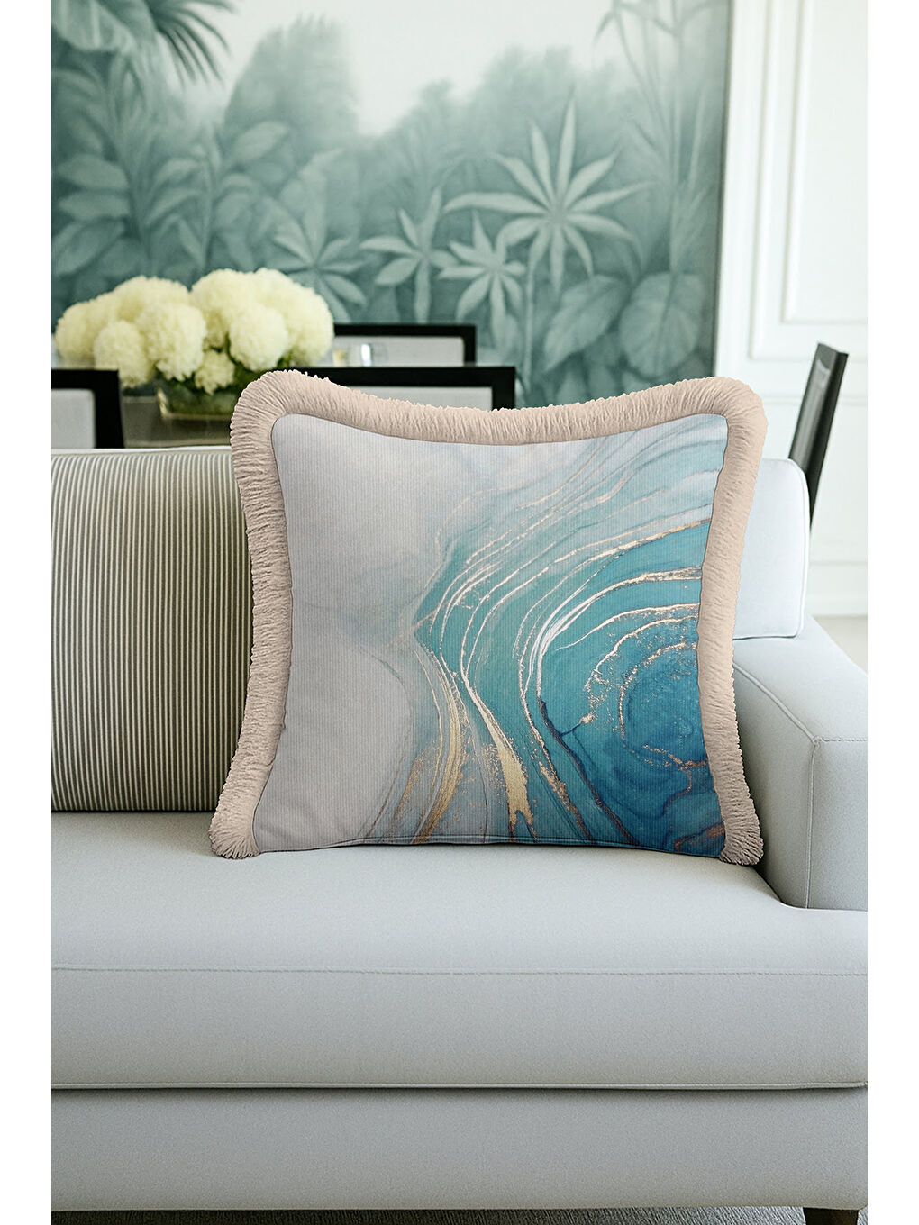 Karışık Mermer Efektli Saçaklı Yastık Kılıfı - Modern Altın Renkli Mavi Püsküllü Kırlent Kılıfı-3