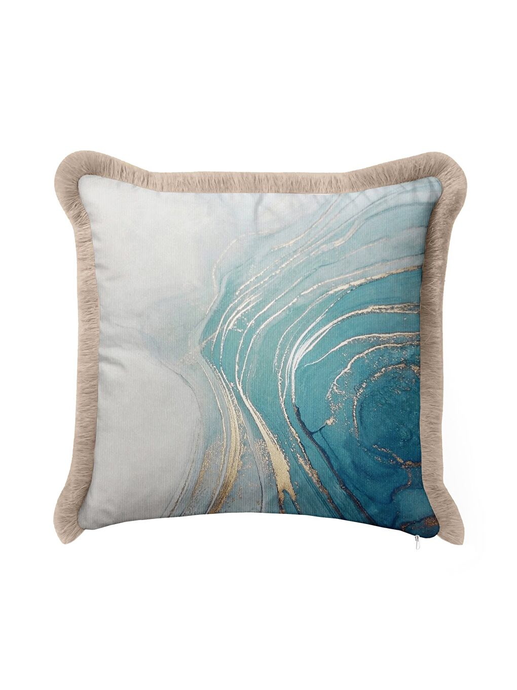Karışık Mermer Efektli Saçaklı Yastık Kılıfı - Modern Altın Renkli Mavi Püsküllü Kırlent Kılıfı-4